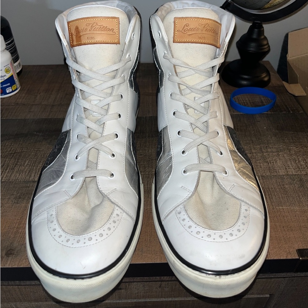 Louis Vuitton Black Denim Monogram White Leather High Sneakers - Picture 5 of 10
